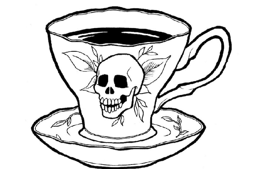 A picture of a cup with a skull drawn on it.