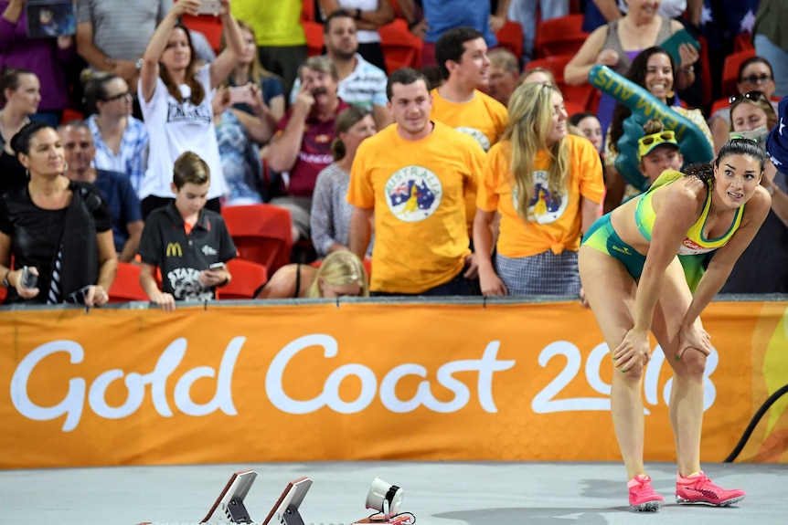 Michelle Jenneke of Australia reacts after finishing fourth in the Women's 100m Hurdles final.