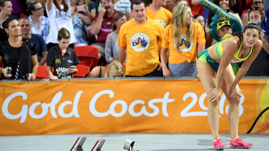 Michelle Jenneke of Australia reacts after finishing fourth in the Women's 100m Hurdles final.