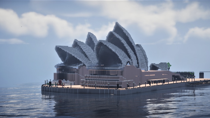 The Sydney Opera House rendered in the video game Minecraft.