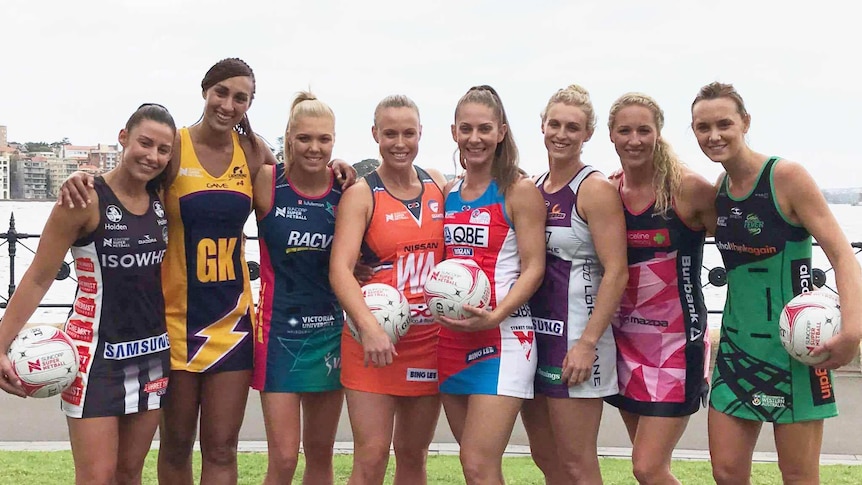 Representatives from the eight Super Netball franchises at the season launch in Sydney.