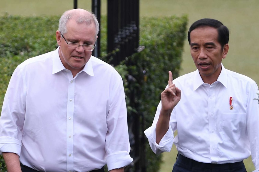 Scott Morrison and Indonesian President Joko Widodo walk side by side in a garden, both wearing a white shirt and dark pants.