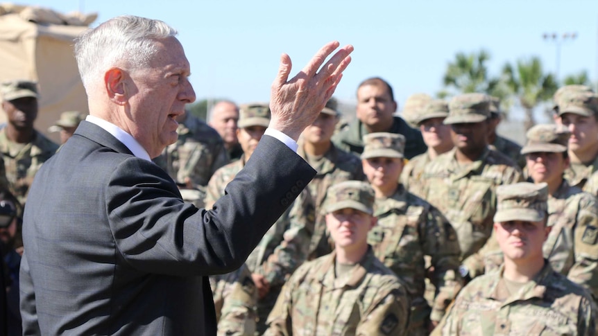 US Secretary of Defence James Mattis speaks to troops at Base Camp Donna, Texas.