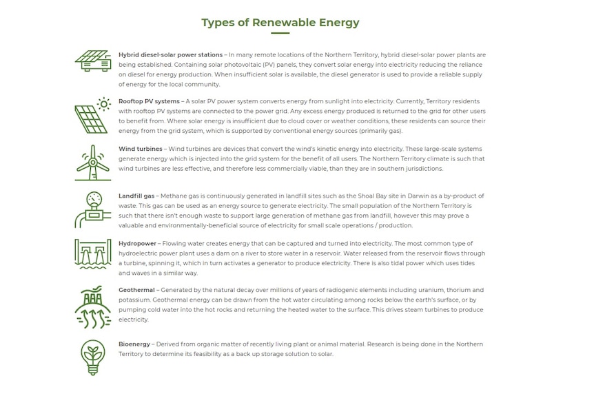 A table describing the types of renewable energy available to the NT