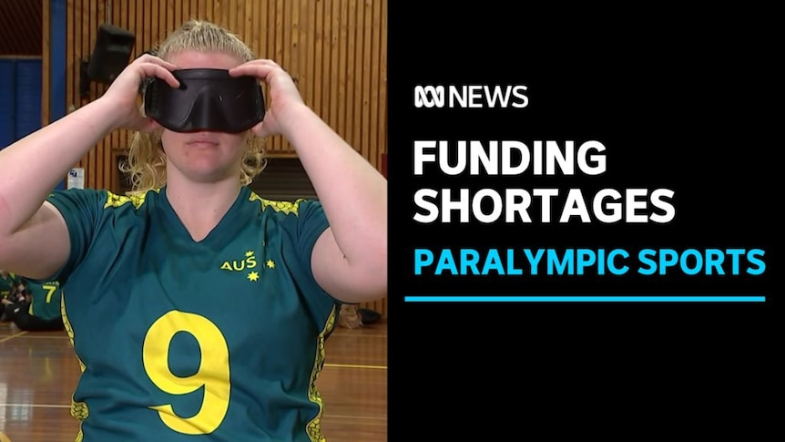 Funding Shortages, paralympic Sports: Paralympian wears national jersey with eye mask over her face. 