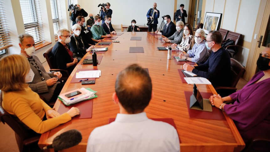 Greens politicians gather around a long wooden table, with the back of Adam Bandt's head at centre of frame.