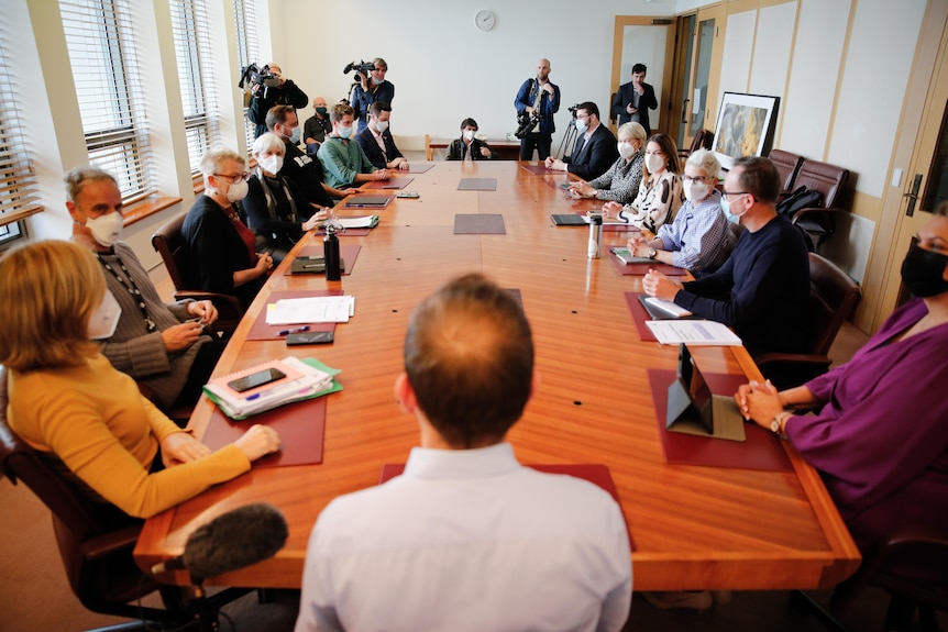 Greens politicians gather around a long wooden table, with the back of Adam Bandt's head at center of frame.