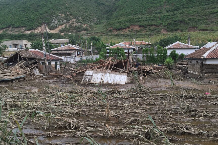The damage to crops and houses caused by heavy flooding of the Tumen river in Koeryong in North Korea