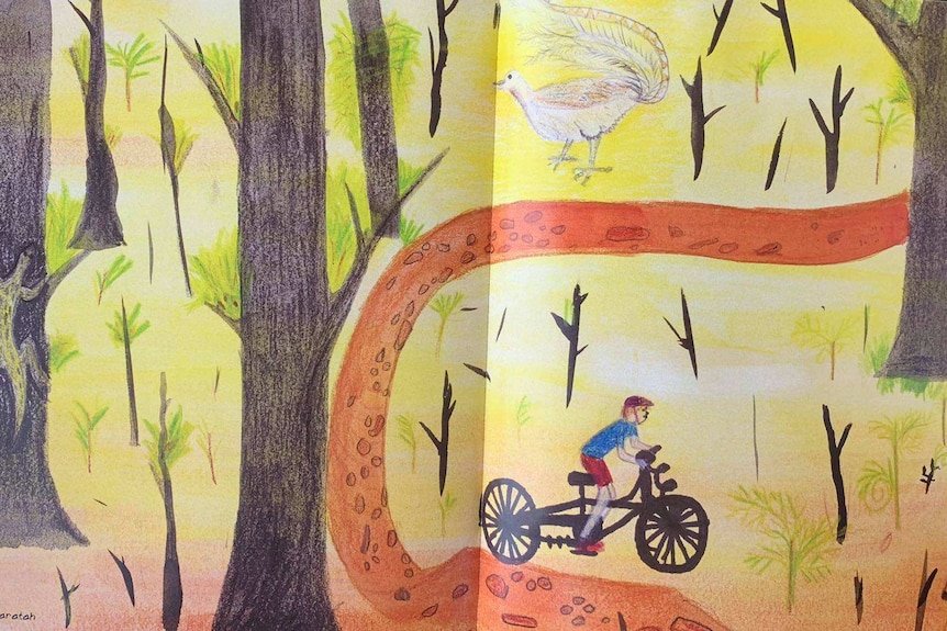 In the illustration, a boy rides his bike through a forest. There are new leaves on the trees.