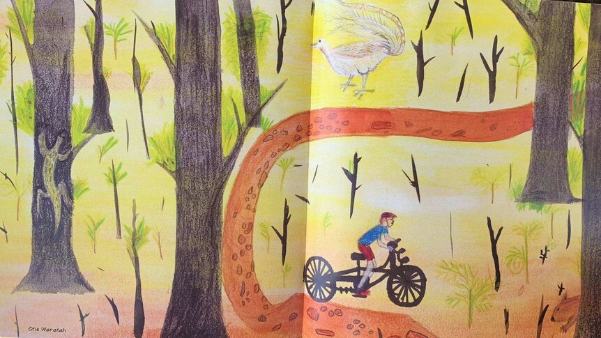 In the illustration, a boy rides his bike through a forest. There are new leaves on the trees.