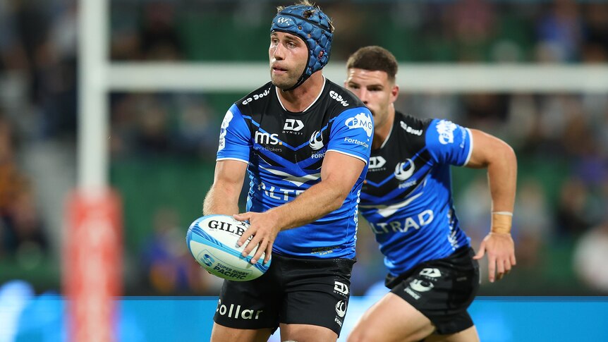 A Western Force player passes to his right during a Super Rugby Pacific match in 2024.