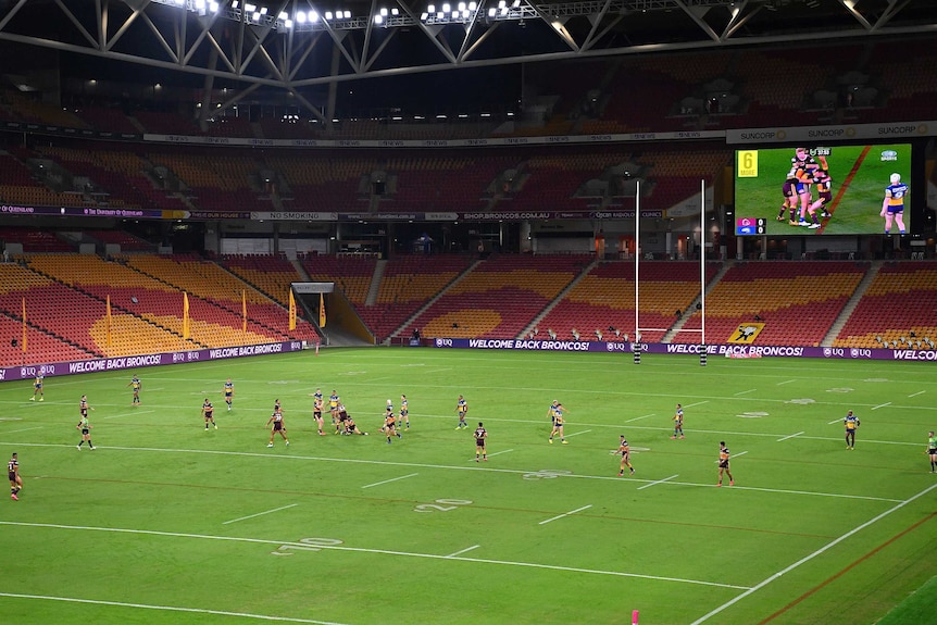A general view of Lang Park with no crowd in attendance at the NRL match between Brisbane Broncos and Parramatta Eels.