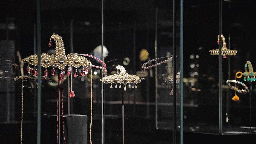 Some gold jewellery are on display at the 'Treasures of the Mughals and the Maharajahs' exhibition.