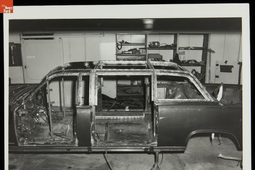 A limousine is stripped back to the frame.