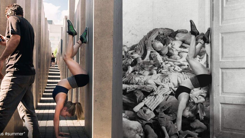 A composite image of a woman doing yoga at a holocaust memorial and the same image with dead bodies behind her.