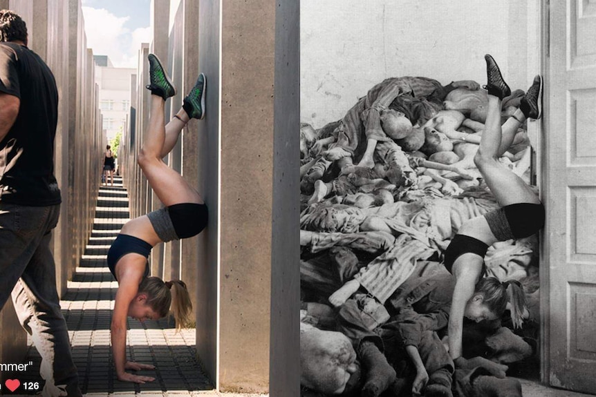 A composite image of a woman doing yoga at a holocaust memorial and the same image with dead bodies behind her.