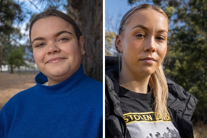 Two young women stand outdoors in a composite photo.