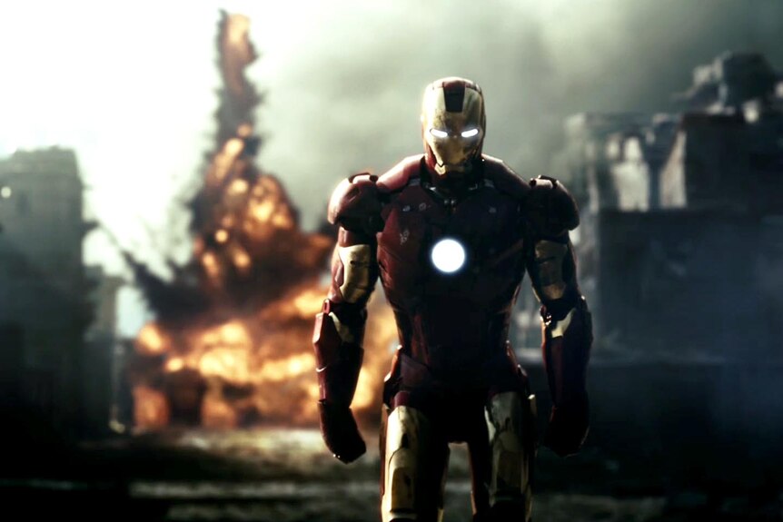 An explosion bursts behind Iron Man