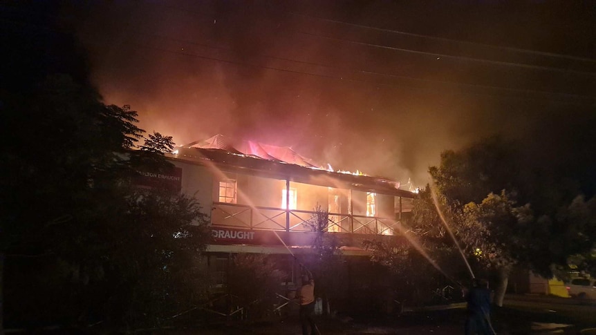 The Tibooburra Two Storey Hotel engulfed in flames