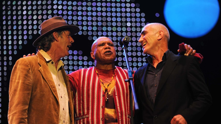 Australian musicians Shane Howard, Archie Roach (centre) and Paul Kelly