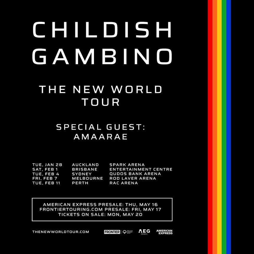 Black poster for Childish Gambino's 2025 tour with white text and a rainbow stripe down the right hand side