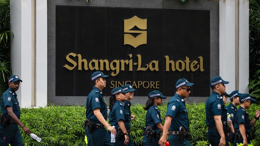 Security patrols the Shangri-la Hotel in Singapore