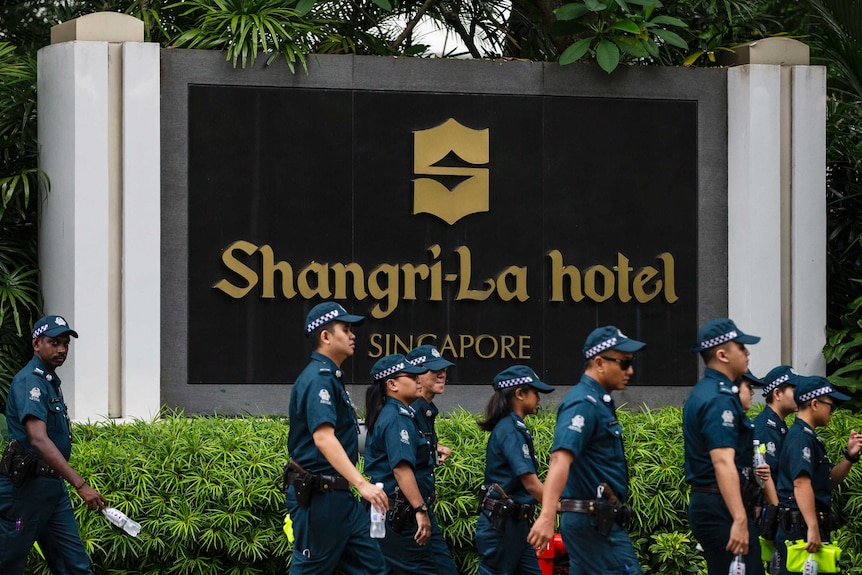 Security patrols the Shangri-la Hotel in Singapore