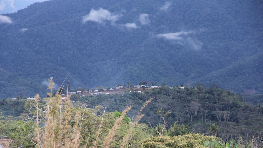 A village sits near flecks of clouds near a mountain