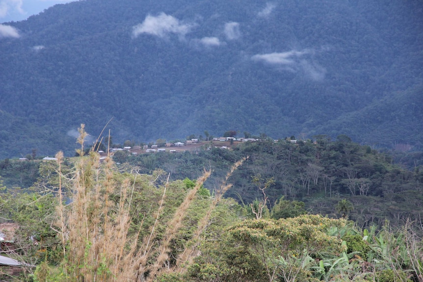 A village sits near flecks of clouds near a mountain