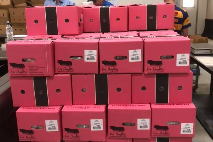 A pile of pink boxes.