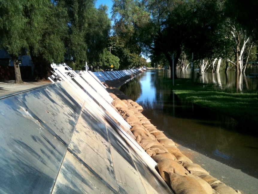 Floodwaters lap at the levee in the town of Nathalia.