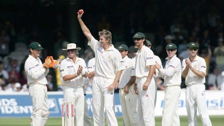 Glenn McGrath holds the ball aloft