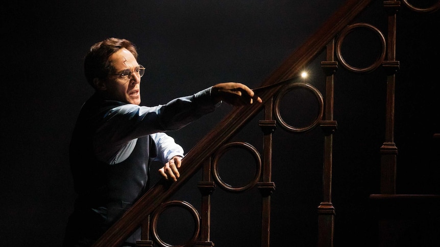 Gareth Reeves as Harry Potter stands on a staircase in the dark and points a wand off camera.