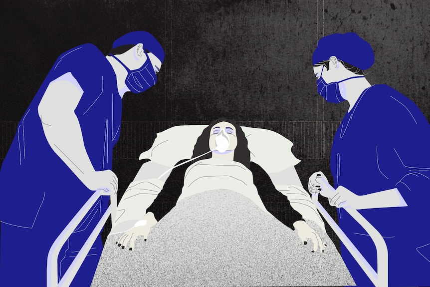 Illustration of a man and woman in blue uniforms bend over a woman on a hospital bed against a black background