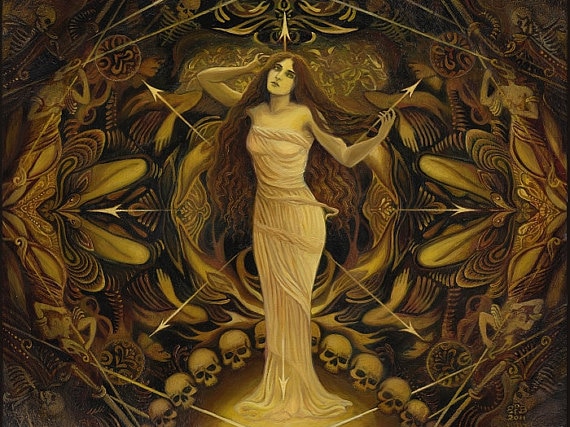An illustration of Eris, surrounded by arrows and gold symbols, standing in front of a row of skulls.