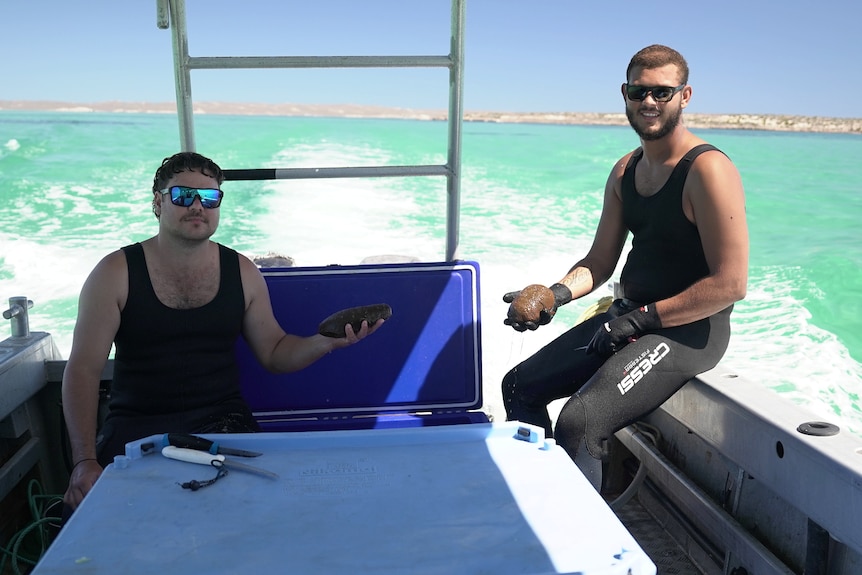 two men sitting on a boat holding sea cucumbers