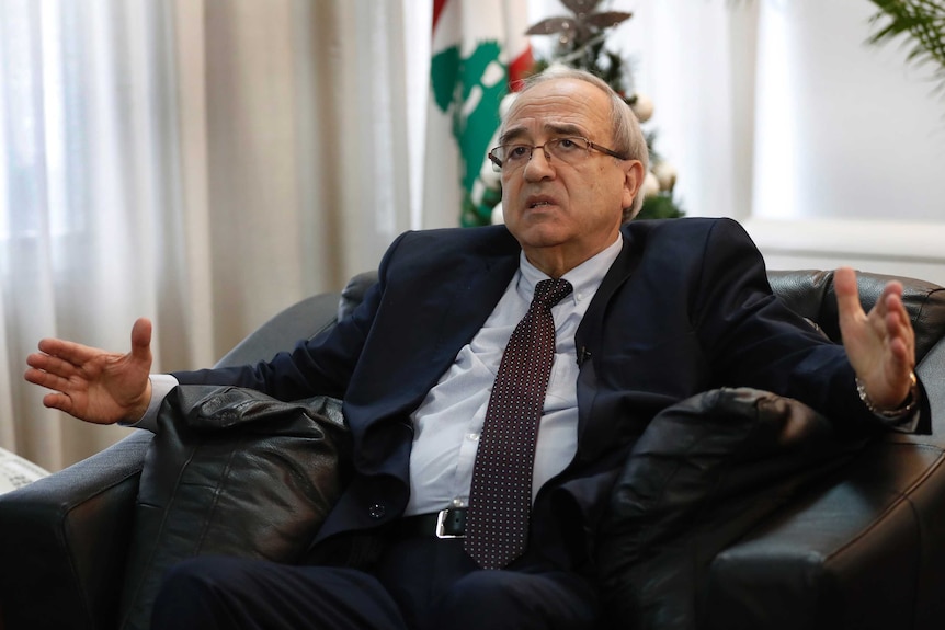 Albert Serhan wearing a suit with his arms outstretched sitting in a chair with the Lebanese flag behind him