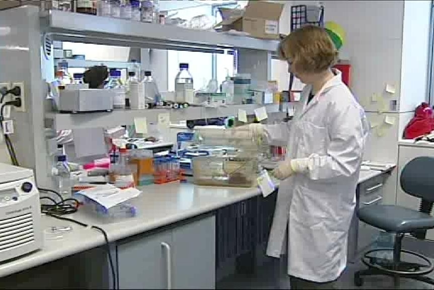 A woman wearing a white lab coat in a medical laboratory.