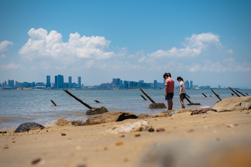 Two people stand on a beach watching waves roll in on the shore.