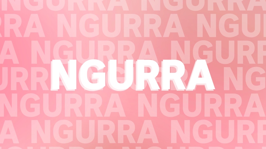 The word 'Ngurra' is written in block white text with a soft pink background 