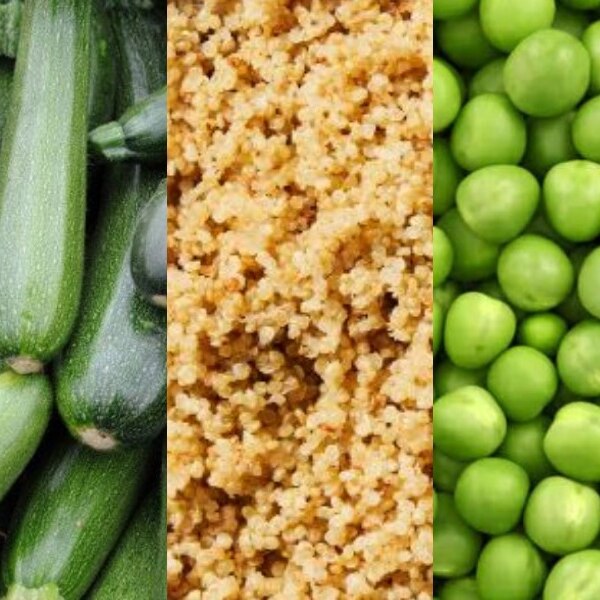collage close up of cylindrical green vegetable, grain-like food and small round spherical vegetable