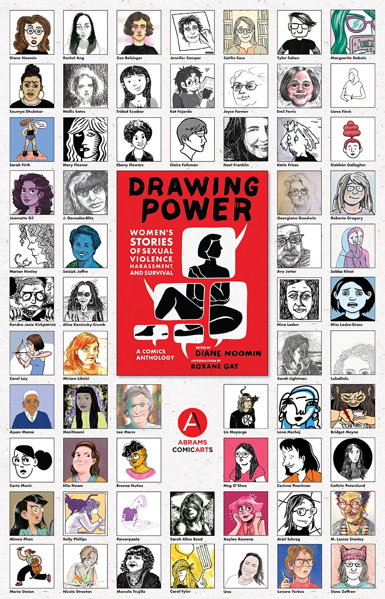 Drawing Power comics anthology red book cover at centre of a grid of author illustrations on an off white poster.
