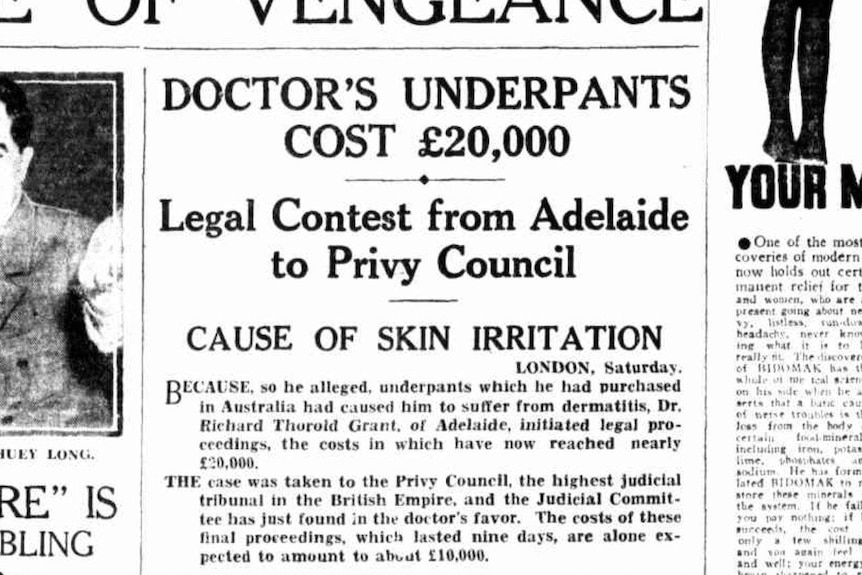 An old newspaper article with the headline "Doctor's Underpants Cost 20,000 pounds".