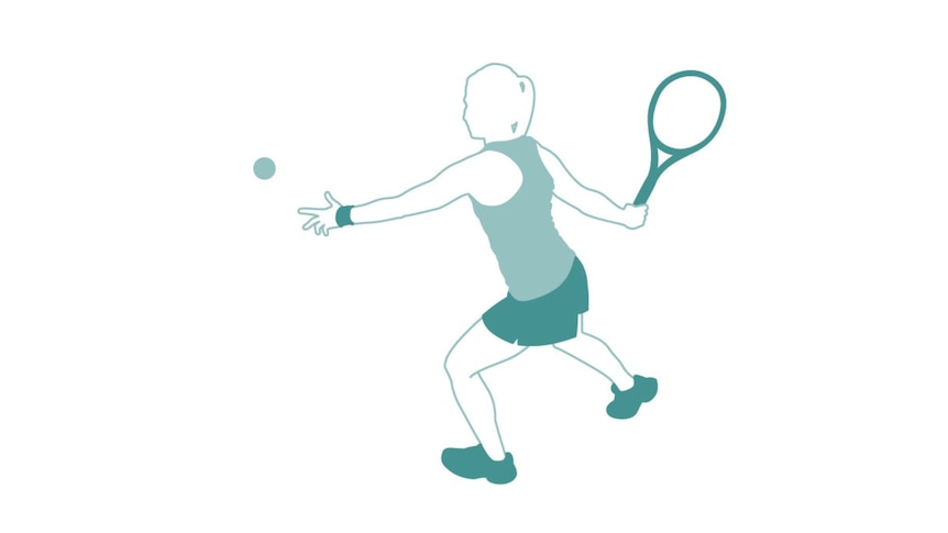 A green cartoon image of a person playing tennis