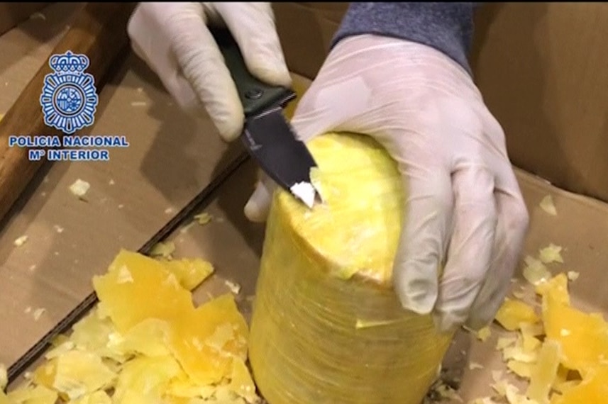 Cocaine packed in yellow wax to mimic the inside of a pineapple, then covered by previously emptied out pineapple skins.