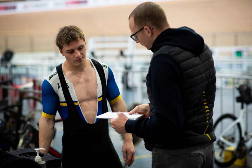 Australian cyclist Matthew Richardson prepares for training at the Adelaide Superdrome ahead of the Paris Olympics