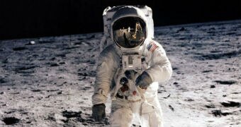 Edwin E 'Buzz' Aldrin Jr, lunar module pilot, walks on the surface of the moon.