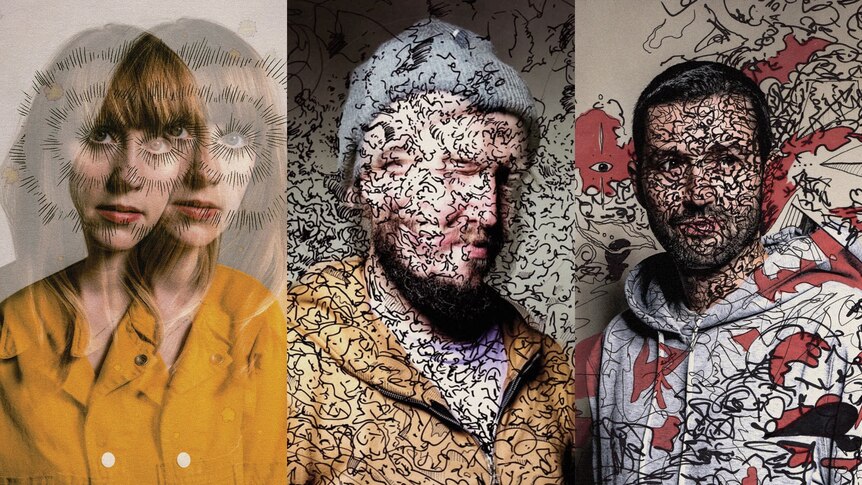 portraits of Bon Iver band members Jenn Wasner, Justin Vernon, Sean Carey defaced with squiggles and lines