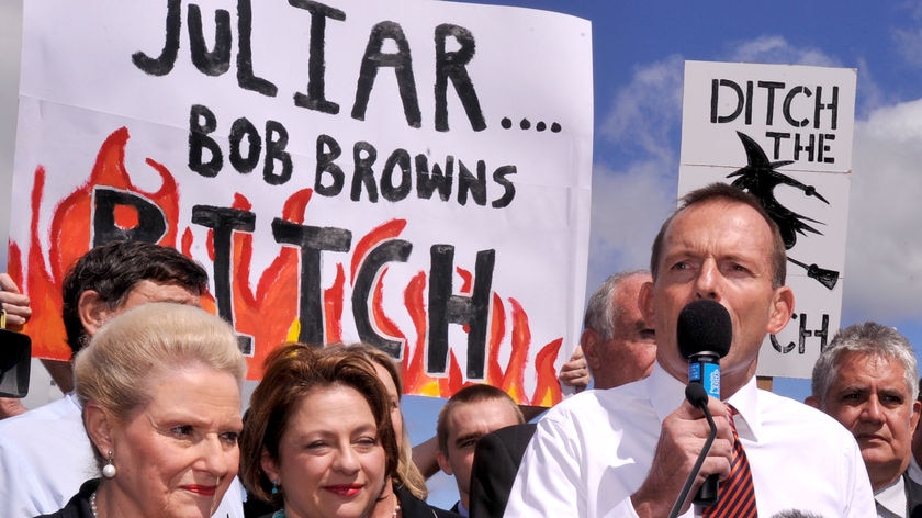 Abbott speaking at the anti-carbon tax rally in Canberra