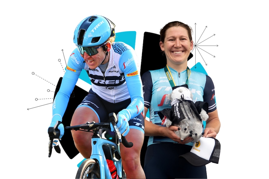 Stylised artwork showing two pictures of cyclist Lauretta Hanson.